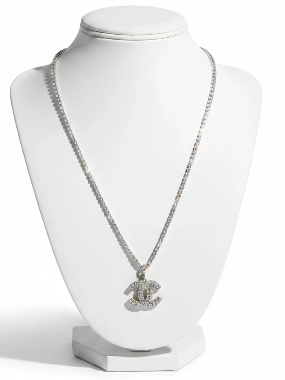 CHANEL Silver Crystal CC Pendant Tennis Chain Necklace